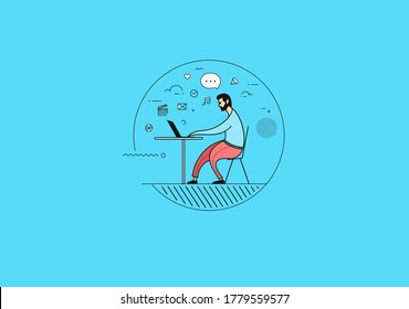 Freelance man working his desk with laptop computer. Vector illustration.
