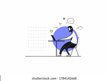 Freelance man working his desk with laptop computer. Vector illustration.