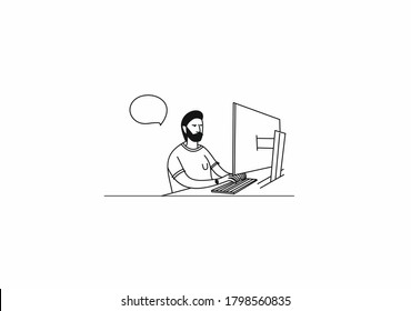 Freelance man working his desk with laptop computer. Vector illustration.
