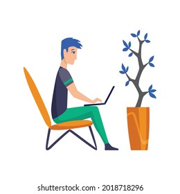 Freelance man working at home in comfortable conditions. Cartoon character work from home. Spend time at home during quarantine. Be safe