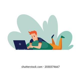 Freelance man working at home in comfortable conditions. Cartoon character work from home. Spend time at home during quarantine. Be safe