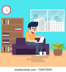 Freelance man working at home with laptop computer on sofa-vector illustration