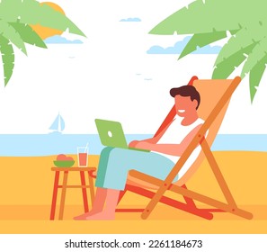 Freelance man working with laptop on beach. Freelancer sitting in chaise lounge chair. Remote job. Entrepreneur relaxing under palms. Summer vacation. Tropical resort