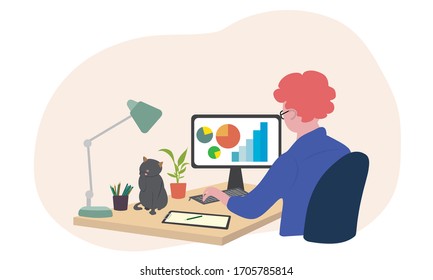 Hombre independiente trabajando en un ordenador en casa.Diseño de concepto de trabajo en casa.  Ilustración vectorial aislada en fondo blanco. Estudio en línea, educación.