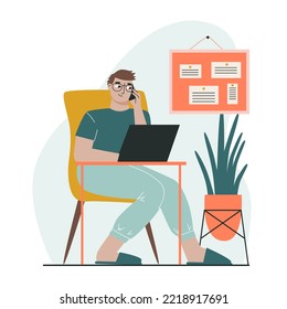 Freelance man working on a laptop at home, dressed in home clothes. The concept of freelancing and remote work. Flat vector illustration