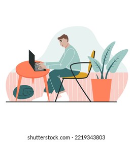 Freelance man working on a laptop at home. The concept of freelancing and remote work. Flat vector illustration. 