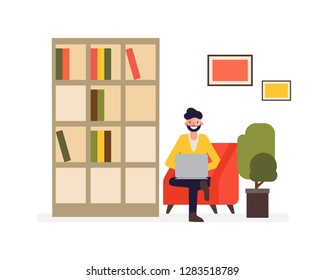 Freelance man working on sofa. Communication character people. Job doing with a laptop.