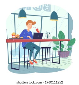 Freelance man working remotely use laptop at comfortable workplace in cafe. Self employed person at interior Isolated on white