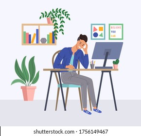 El hombre independiente trabaja y estudia en condiciones cómodas ilustraciones de dibujos animados planos vectoriales. Carácter independiente trabajando desde casa a un ritmo relajado, en un lugar de trabajo conveniente. Concepto de autoempleo masculino.