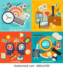 Freelance, management, consulting and optimization concept illustrations. Square composition, vector illustration