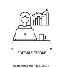 Freelance marketologist pixel perfect linear icon. Digital marketing, social media advertisement. Thin line customizable illustration. Contour symbol. Vector isolated outline drawing. Editable stroke