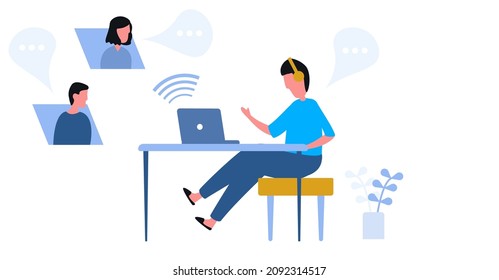 Freelance men working call with the group friends video conference