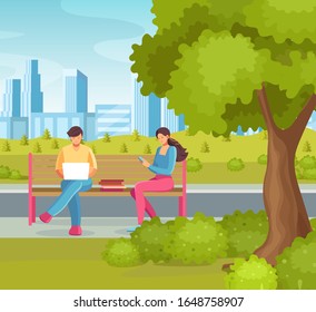 Freelance mobile group. Young adult woman and man working together sitting the city park. Freelancer female character working with smartphone, man with laptop outdoors cartoon vector illustration