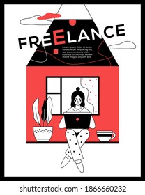 Freelance - modern flat design style web banner with line elements and copy space for text. An illustration with a woman sitting with a laptop at home, drinking coffee. Remote working, job online idea
