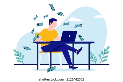 Freelance money - Person sitting with computer alone at desk while dollar bills raining down. Flat design vector illustration with white background