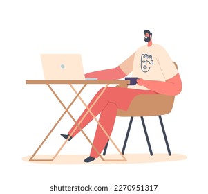 Freelance Occupation Concept. Relaxed Man Freelancer Character Sitting on Armchair Working Distant on Laptop from Home