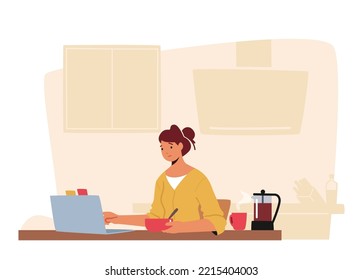 Freelance Occupation, Online Job Concept. Relaxed Woman Freelancer Working on Laptop Sitting at Desk with Coffee Cup Thinking of Tasks. Outsourced Employee Working. Cartoon Vector Illustration