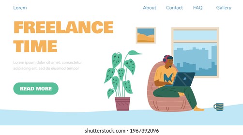 Freelance occupation website banner with man sitting in soft chair and working on laptop from home, flat vector illustration. Freelance and remote occupation.