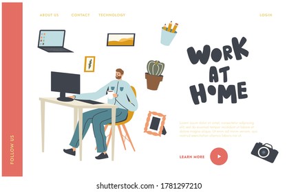 Freelance Occupation, Working Activity Landing Page Template. Relaxed Business Man or Freelancer Character Working on Computer Sitting at Desk Workplace in Office or Home. Linear Vector Illustration