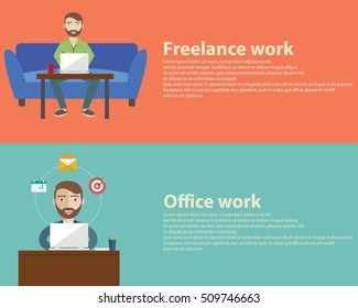 Freelance and Office work flat set with networking designer work web programming workplace isolated vector illustration.