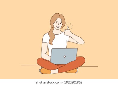 Freelance, Online Distant Work, Internet Technologies Concept. Happy Smiling Woman Cartoon Character Sitting On Floor With Legs Crossed Working On Laptop Computer And Showing Thumbs Up Sign