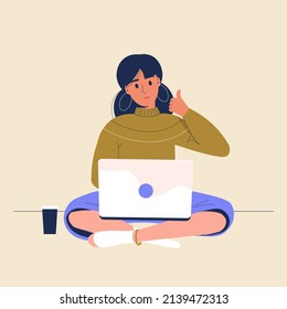 Freelance, Online distant work, internet technologies concept. Happy smiling woman cartoon character sitting on floor with crossed legs, working on laptop computer and showing thumbs up sign.