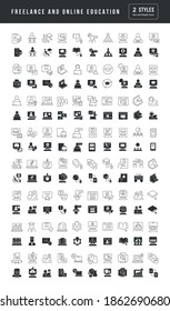 Freelance and Online Education. Collection of perfectly simple monochrome icons for web design, app, and the most modern projects. Universal pack of classical signs for category Education.