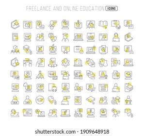 Freelance and Online Education. Collection of perfectly thin icons for web design, app, and the most modern projects. The kit of signs for category Education.