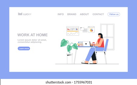 Freelance, online education or social media concept. Home office concept, woman working, sitting with laptop at home. Flat style vector illustration for landing page,flyer.