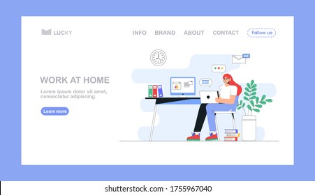 Freelance, online education or social media concept. Home office concept, woman working from home in laptop. Flat style vector illustration for landing page,flyer.