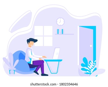 Freelance, online education or social media concept. Young man is sitting with laptop on the sofa at home. Working on a computer.  Vector illustration isolated on white.