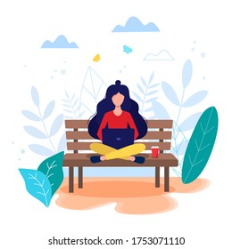 Freelance, online work, work from home, online education, freedom in work concept vector illustration in flat style. Woman sitting on the bech with laptop.