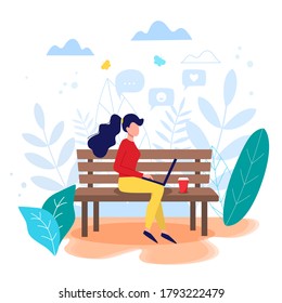 Freelance, online work, work from home, online education, freedom in work concept vector illustration in flat style. Woman sitting on the bech with laptop.