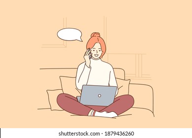 Freelance, online working, distant job concept. Positive girl cartoon character sitting with phone and laptop and working from home like freelancer or student studying from home vector illustration 