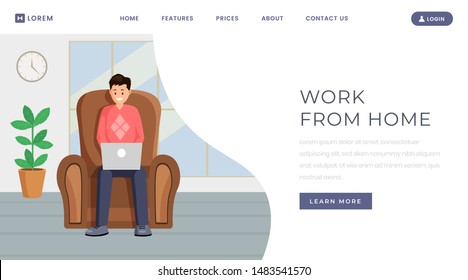 Freelance outsource job landing page template. Working from home, remote, distance job vacancy website homepage color design layout. Male designer, programmer working online with laptop on armchair