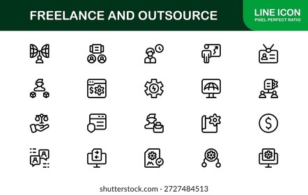 Freelance Outsource Line Icon Set - ícones profissionais modernos do vetor para negócios, trabalho remoto e serviços digitais no estilo de contorno mínimo