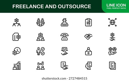 Freelance Outsource Line Icon Set - ícones profissionais modernos do vetor para negócios, trabalho remoto e serviços digitais no estilo de contorno mínimo