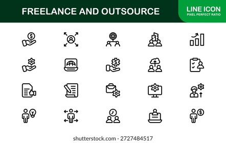 Freelance Outsource Line Icon Set - ícones profissionais modernos do vetor para negócios, trabalho remoto e serviços digitais no estilo de contorno mínimo