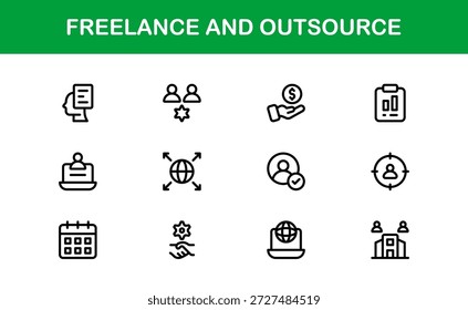 Freelance Outsource Line Icon Set - ícones profissionais modernos do vetor para negócios, trabalho remoto e serviços digitais no estilo de contorno mínimo