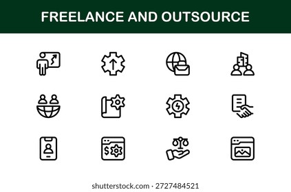 Freelance Outsource Line Icon Set - ícones profissionais modernos do vetor para negócios, trabalho remoto e serviços digitais no estilo de contorno mínimo