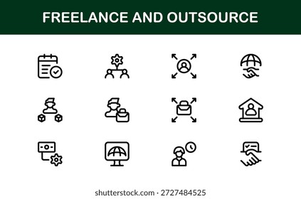 Freelance Outsource Line Icon Set - ícones profissionais modernos do vetor para negócios, trabalho remoto e serviços digitais no estilo de contorno mínimo