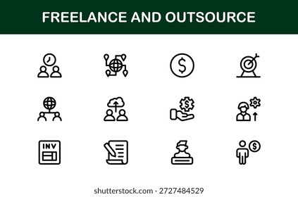 Freelance Outsource Line Icon Set - ícones profissionais modernos do vetor para negócios, trabalho remoto e serviços digitais no estilo de contorno mínimo