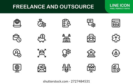 Freelance Outsource Line Icon Set - ícones profissionais modernos do vetor para negócios, trabalho remoto e serviços digitais no estilo de contorno mínimo