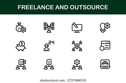 Freelance Outsource Line Icon Set - ícones profissionais modernos do vetor para negócios, trabalho remoto e serviços digitais no estilo de contorno mínimo