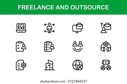 Freelance Outsource Line Icon Set - ícones profissionais modernos do vetor para negócios, trabalho remoto e serviços digitais no estilo de contorno mínimo