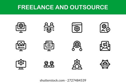 Freelance Outsource Line Icon Set - ícones profissionais modernos do vetor para negócios, trabalho remoto e serviços digitais no estilo de contorno mínimo