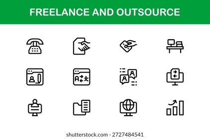 Freelance Outsource Line Icon Set - ícones profissionais modernos do vetor para negócios, trabalho remoto e serviços digitais no estilo de contorno mínimo