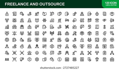 Freelance Outsource Line Icon Set - ícones profissionais modernos do vetor para negócios, trabalho remoto e serviços digitais no estilo de contorno mínimo