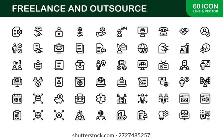 Freelance Outsource Line Icon Set - ícones profissionais modernos do vetor para negócios, trabalho remoto e serviços digitais no estilo de contorno mínimo