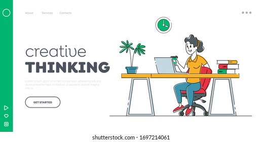 Freelance Outsourced Employee Occupation Landing Page Template. Relaxed Woman Freelancer Working on Laptop Sitting at desk Think of Tasks. Working Activity, Online Services. Linear Vector Illustration